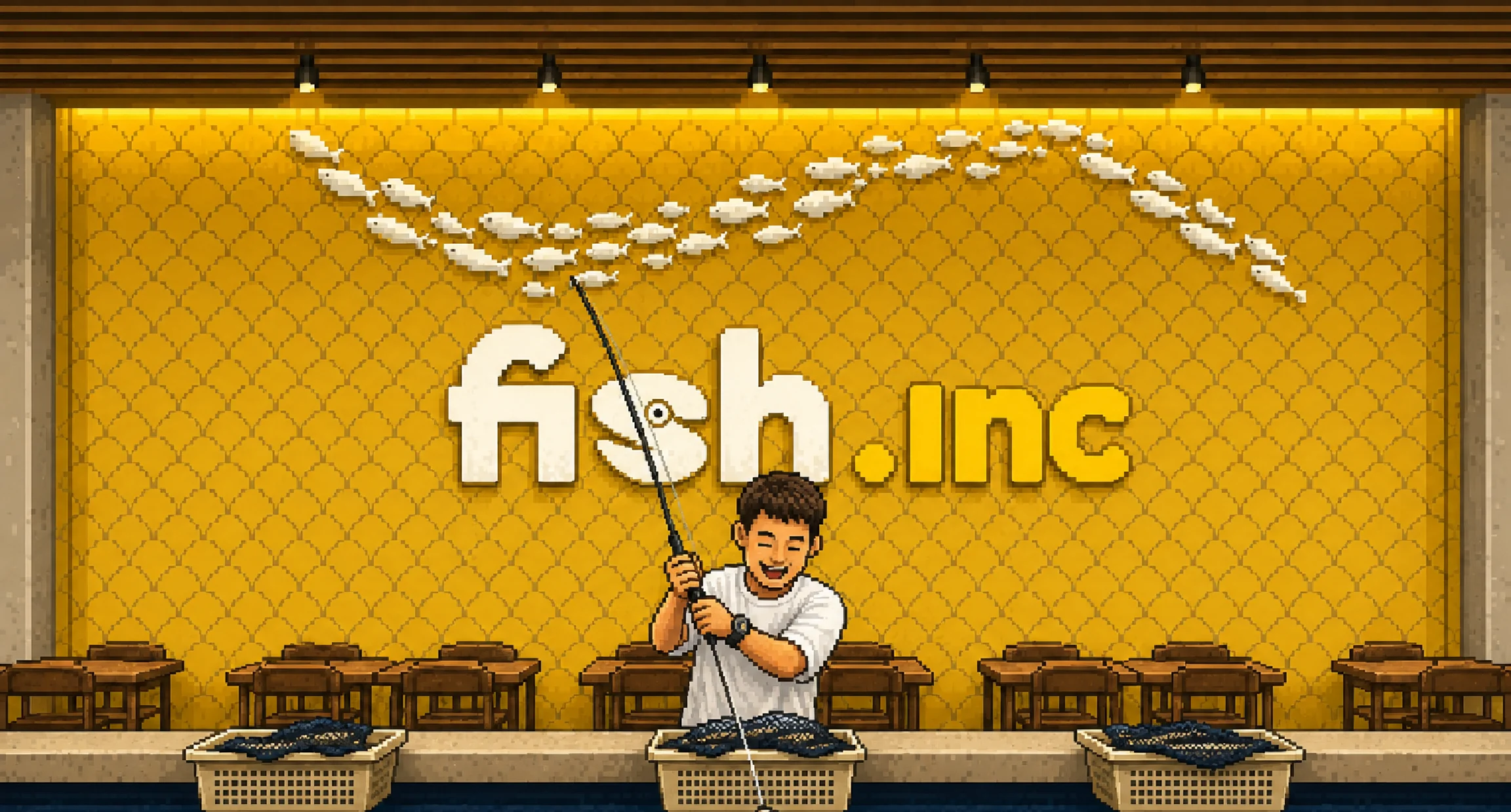 Pixel-art illustration of an angler at Fish.inc lifting a rod under the fish.inc wall sign, with the water of the fishing channel filling the lower half of the screen